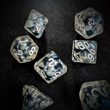 Black & Blue Pearls in Clear Resin - 7pcs RPG Full Dice Set